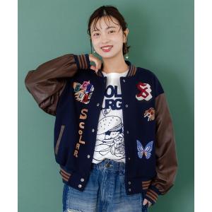 スタジャン 153686：メルトン×合皮 異素材切替スタジャン レディース