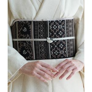 帯単品 小袋帯 utatane 博多織 長尺 正絹 牡丹 インド更紗献上 ブラック×ブラウン 日本製 レディース