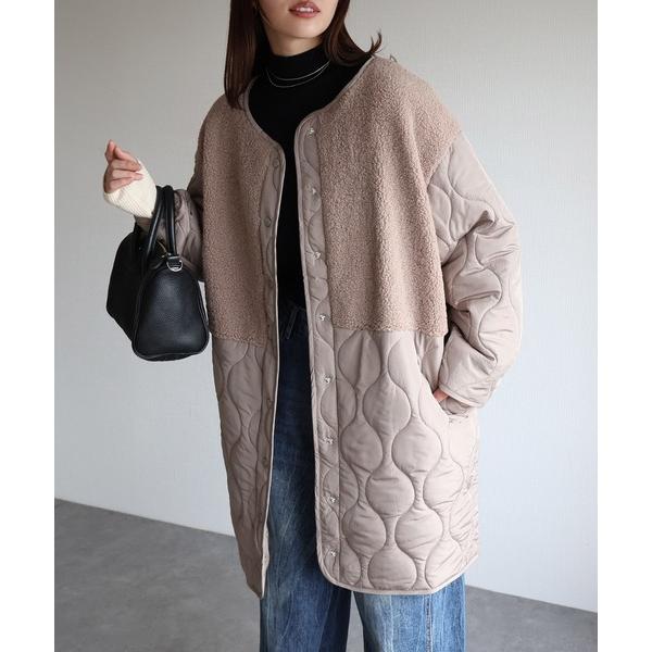 ノーカラーコート コート ボアキルトコート レディース