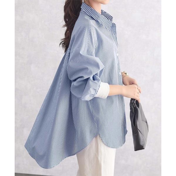 ブラウス シャツ リブカフスストライプ切替オーバーサイズシャツ レディース