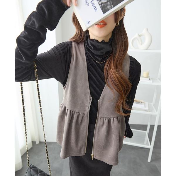 ベスト ジレ スエードライクペプラムジレ レディース