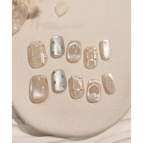 ネイルチップ ネイルシール 3D水光ネイルピンクグラデーションシルバードミラーラインオーバルネイルチ...