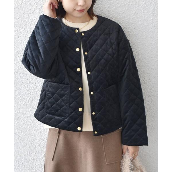 コート アウター SHIPS Colors:ポリエステルベロア ノーカラー キルティング ジャケット...