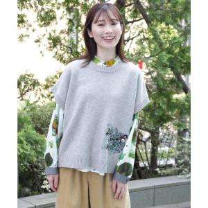 ベスト ジレ SUPER　HAKKA×サクマ　ユウコ　「森の家」／「SQUIRREL」モチーフ刺繍メランジウールニットベスト レディース