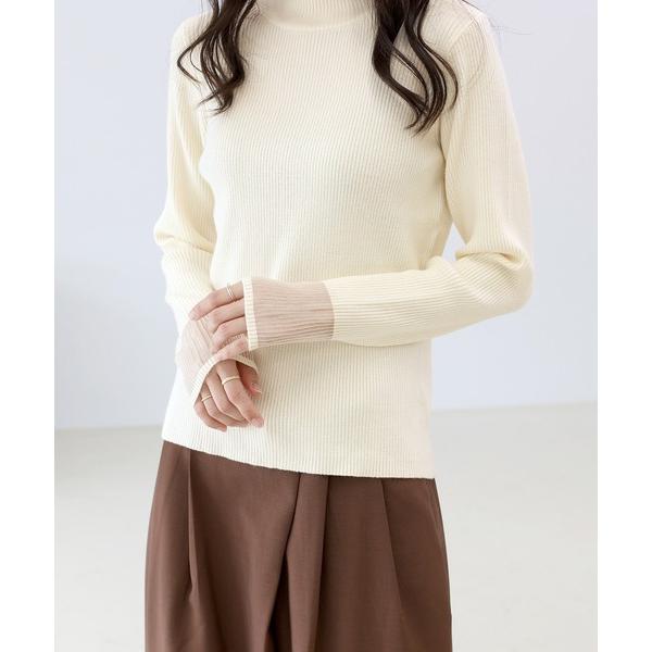 ニット セーター 袖シアーハイネックリブニットプルオーバー レディース