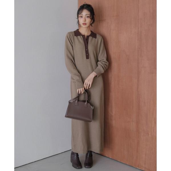 ワンピース バイカラーポロニットニットワンピース