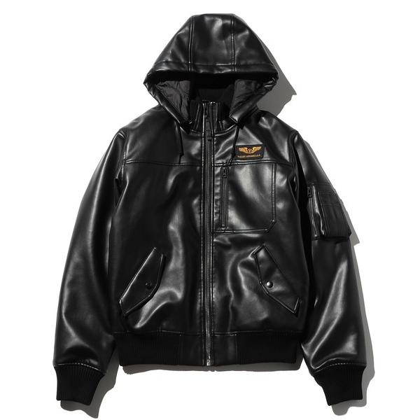 ミリタリージャケット モッズコート フェイクレザー フーデッドリブジャケット/フライトジャケット