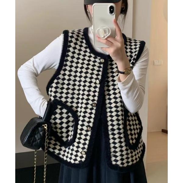 ベスト ジレ ブロックチェック×パイピングで韓国っぽなクラス感。ノーカラーシャギーミックス飾り釦ニッ...