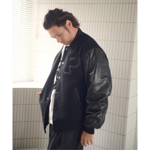 スタジャン ADAMPATEK/leather sleeves varsity jacket/袖レザ...