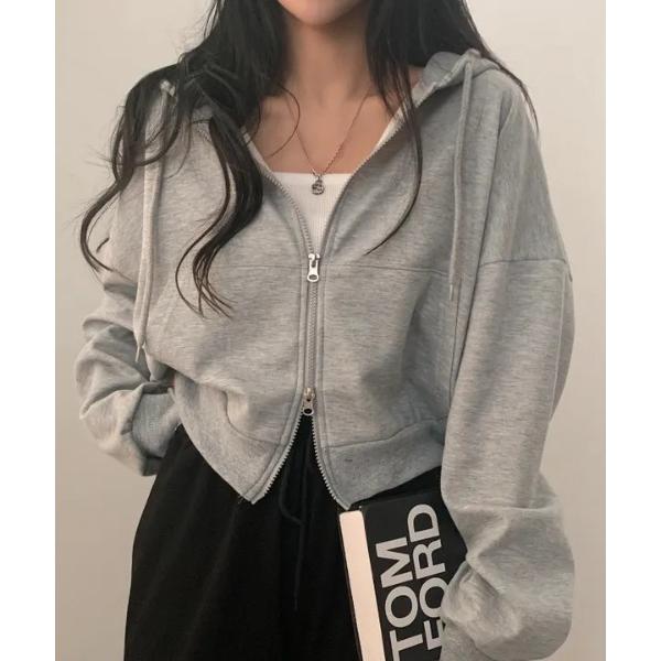 パーカー 裏起毛ショート丈ダブルジップパーカー レディース