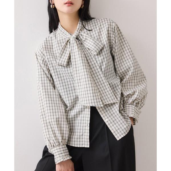 ブラウス シャツ チェック＆デニムアソートボウタイリボン付きスタンドカラーシャツ レディース