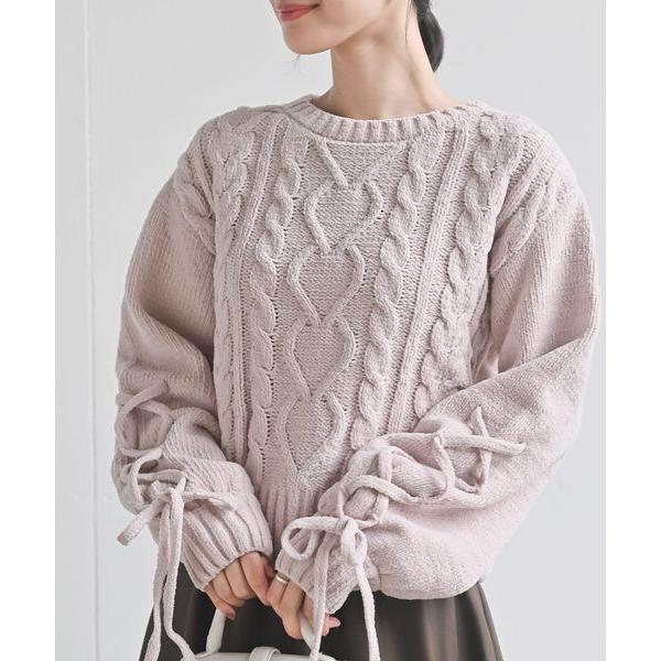 ニット セーター レースアップスリーブケーブルモールニットプルオーバー レディース