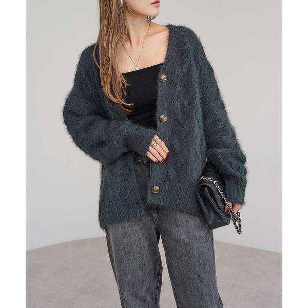 カーディガン ケーブル編みシャギーニットカーディガン レディース