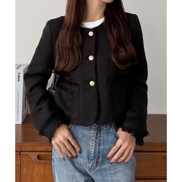 ジャケット ノーカラージャケット ゴールドボタンツイードジャケット レディース