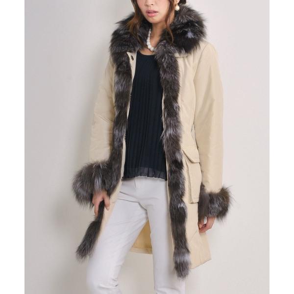 コート アウター シルバーフォックスファー トリミングコート ベルト付き レディース