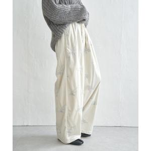 パンツ フラワーエンブロイダリーベロアパンツ レディース