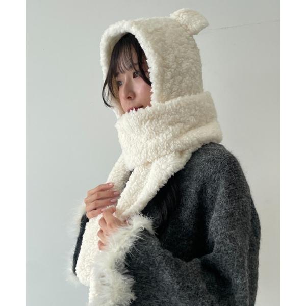 キャップ 帽子 クマ耳付き ミトンデザイン もこもこ ボアマフラー レディース