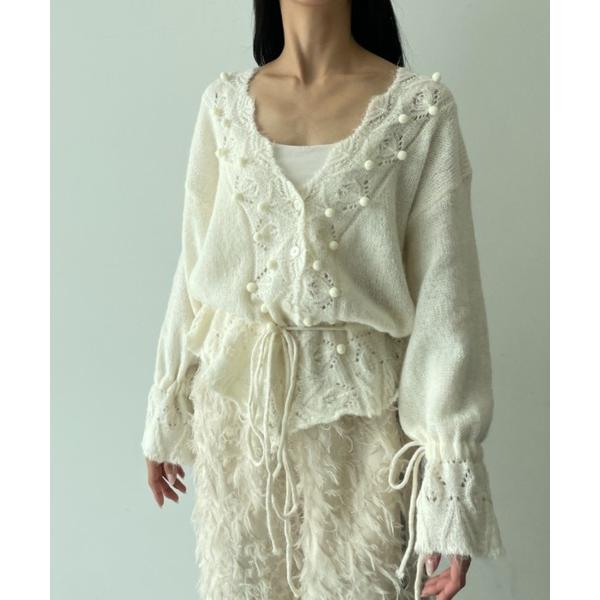 カーディガン レース編みフリル ポンポン シャーリング ニットカーディガン レディース