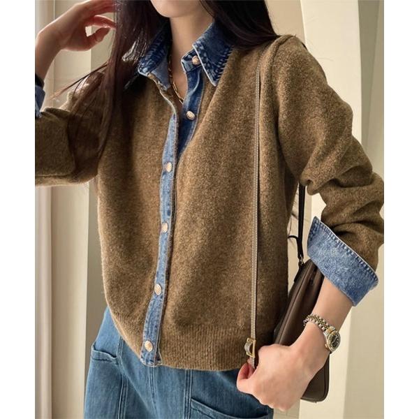 ニット セーター デニムシャツ風レイヤードニットトップス レディース