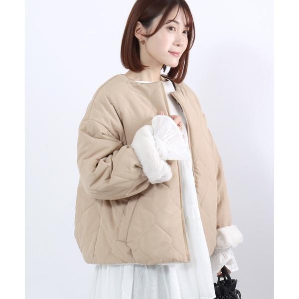 ジャケット ノーカラージャケット ウェーブキルト×フェイクファー リバーシブルノーカラージャケットブ...