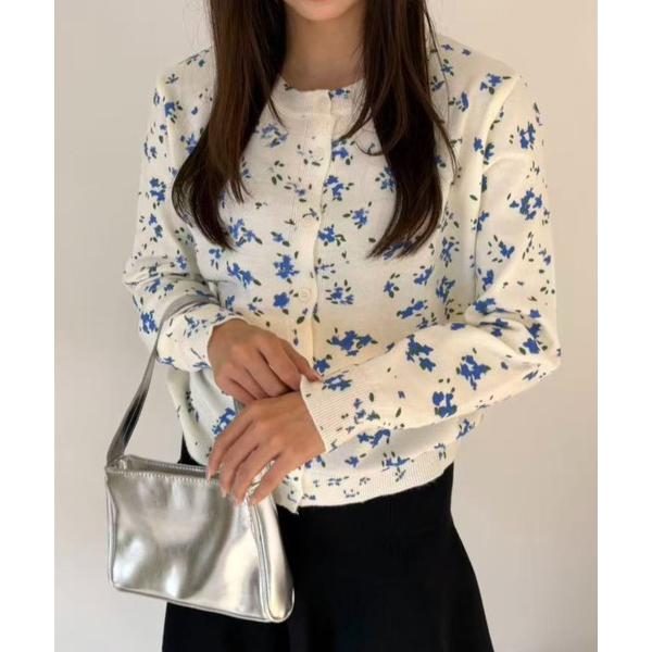 カーディガン クルーネックフラワーカーディガン レディース