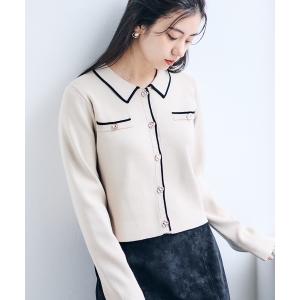 カーディガン 衿付きライン配色ニットカーディガン レディース