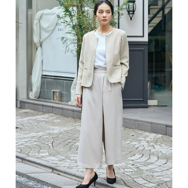 セットアップ ノーカラー ツイードジャケット 巻きスカート風 ワイドパンツ セットアップ スーツ フ...