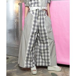 ワイドパンツ パンツ 「セットアップ着用可」チェックコンビネーションワイドパンツ レディース
