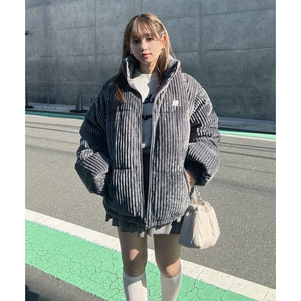 ブルゾン アウターワンポイントロゴ刺繍　スタンドカラー ドロスト付きコーデュロイ中綿ブルゾン レディ...