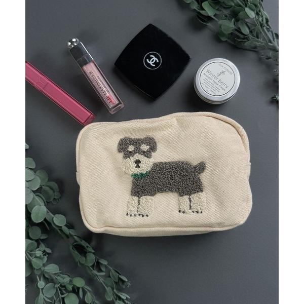 ポーチ 10E7 キャンバス もこもこ アニマル刺繍ポーチ シュナウザー レディース