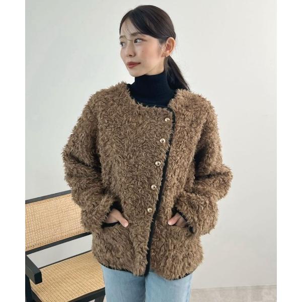 ブルゾン アウター 配色パイピングノーカラーボアコート レディース