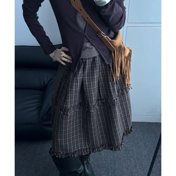 スカート ふんわりチェックティアードスカート/ウールライクガーリーチェックスカート