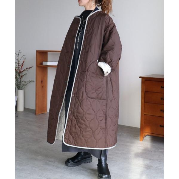 ノーカラーコート コート ニュアンスアシメキルティングロングジャケット レディース