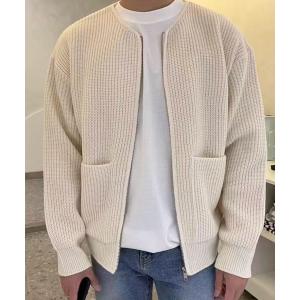 カーディガン 「NOWLE」ボリュームリブ編み ジップアップ ノーカラー カーディガン メンズ