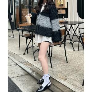カーディガン たっぷりシャギーカラーブロックカーデ レディース