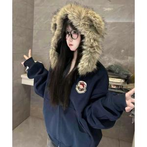 パーカー フェイクファー 耳風フード カレッジ ロゴ ジップ パーカー レディース メンズ