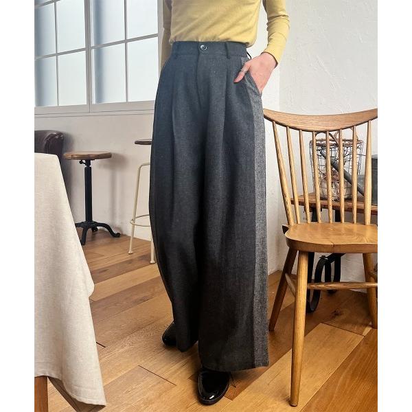 パンツ 配色デザイン ツイード調バイカラーワイドスラックス レディース