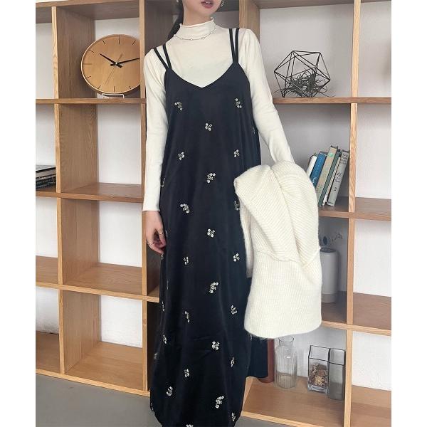 ワンピース フラワー柄刺繍 ベロアキャミワンピース