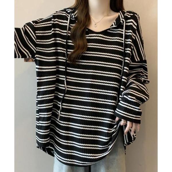 tシャツ フード付きボーダールーズトップス レディース