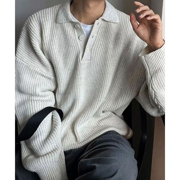 セーター ニット ポロリブ長袖ニット メンズ