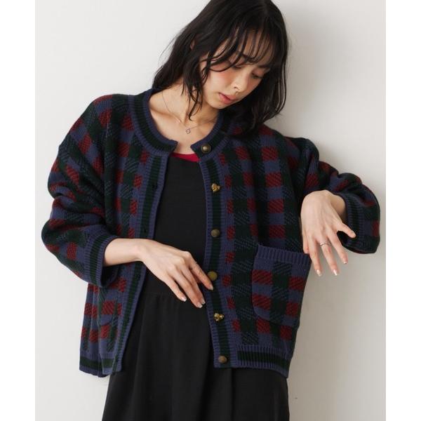 カーディガン チェックニットカーディガン レディース
