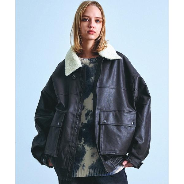 ブルゾン アウター 「襟ボアが取り外し可能な2WAY」ヴィンテージライク 合皮レザー オーバーサイズ...