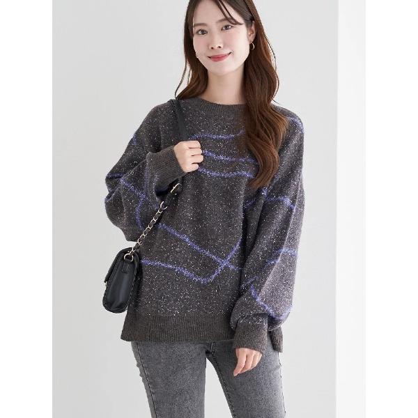 ニット セーター ラインジャガードシャギーラメニットトップス レディース