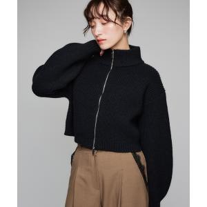 ニット セーター ダブルジップニット/クロップド丈/肉厚/スタンドネック「動画あり」 レディース