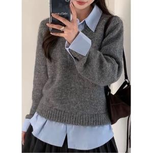 ニット セーター レイヤード風シャツコンビニットプルオーバー レディース