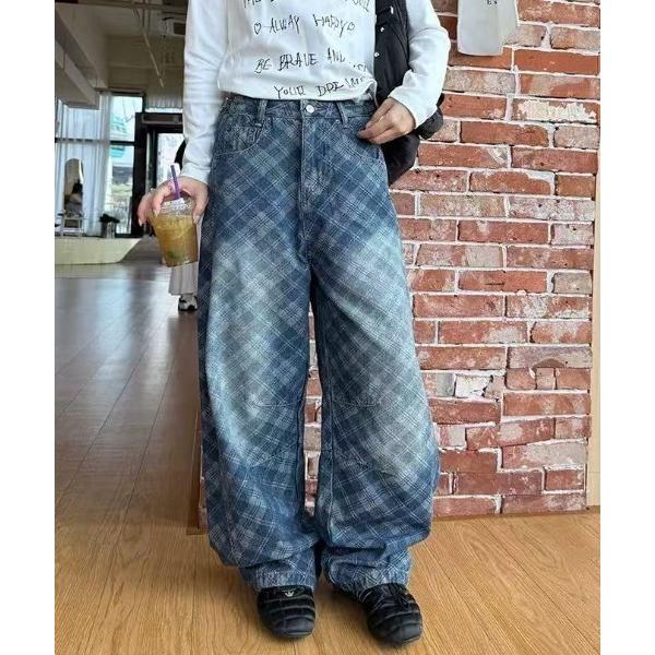 ジーンズ デニム デニムパンツ ウォッシュチェックワイドデニムパンツ レディース