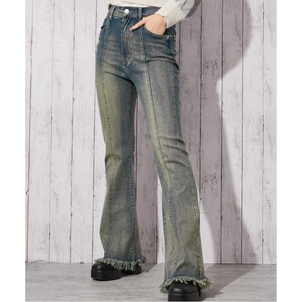 トレーナー スウェット 「バックレースアップ×裾フリンジ」レディース ストレッチ フレアデニム 美脚...