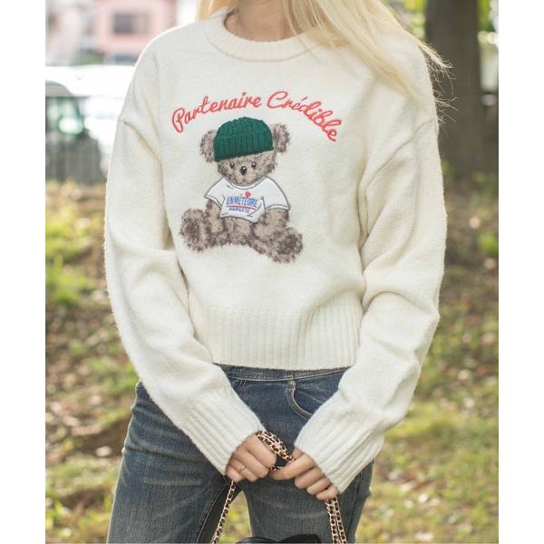 ニット セーター 「ショート丈×くま刺繍」レディース ニット トップス ニット帽付きモチーフ 秋冬 ...