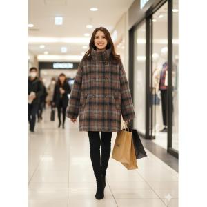 コート アウター チェック柄スタンドカラーショートコート（ダブルボタン） レディース