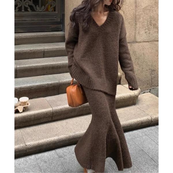 ニット セーター Vネックプルオーバー+マーメイドロングスカートニットセットアップ レディース